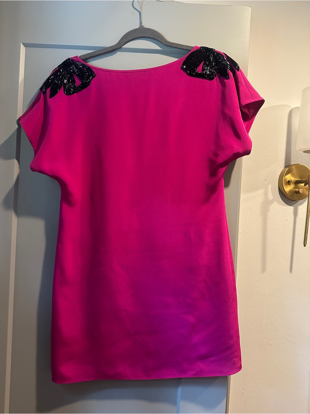 JAYGODFREY Hot Pink Shift Dress with Black Beaded Shoulders